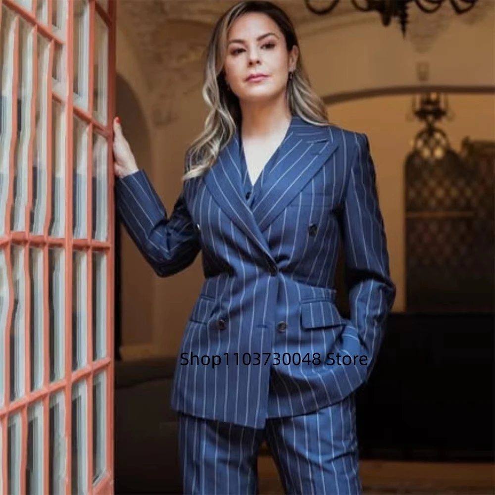 Picture 3: Navy Women's Striped 2 Piece Suit Double Breasted Blazer Vest Wide-Leg Pants Set Fashion Formal Party Office Casual Lady Outfit