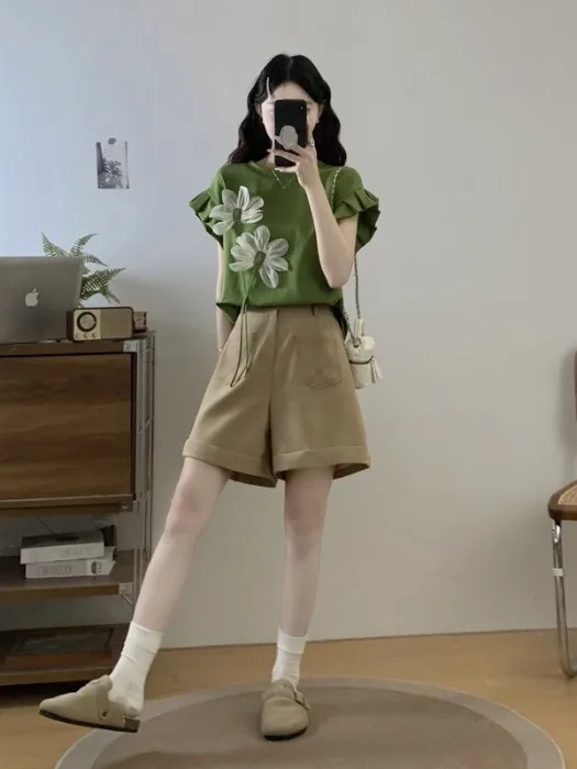 

Summer plus Size Tea Rose Print High Waist Wide Leg Short Pants Set Conceal Meat Slimming Top And Bottoms Ensemble Casual Wear