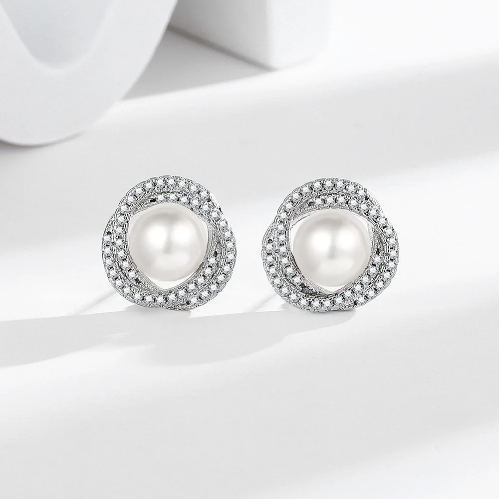 

925 Sterling Silver Pearl Stud Earrings for Women, Elegant CZ Halo Twisted Round Earrings, Fine Jewelry Wedding Party Gifts