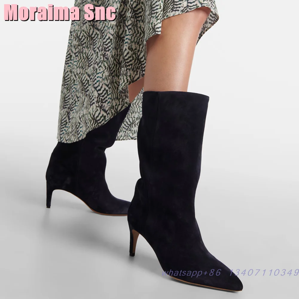 

Suede Leather Pointed Toe Ankle Boots Stiletto High Heel Slip On Sexy Fashion Runway Women's Short Boots Black Solid Winter 2025