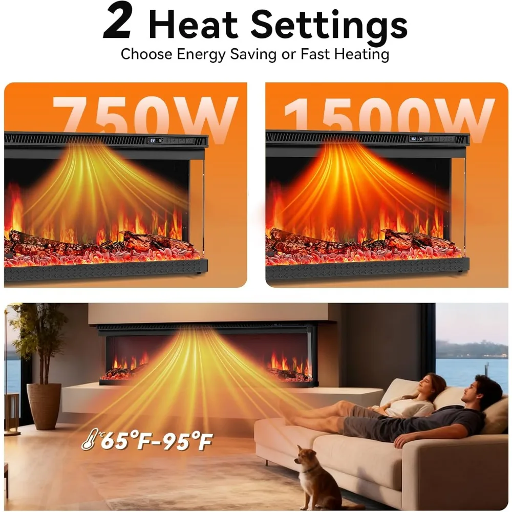 مدفأة كهربائية مثبتة على الحائط مقاس 50 بوصة، تصميم مدمج مع واي فاي/جهاز تحكم عن بعد، سخان 1500 وات، 12 لونًا لهبًا