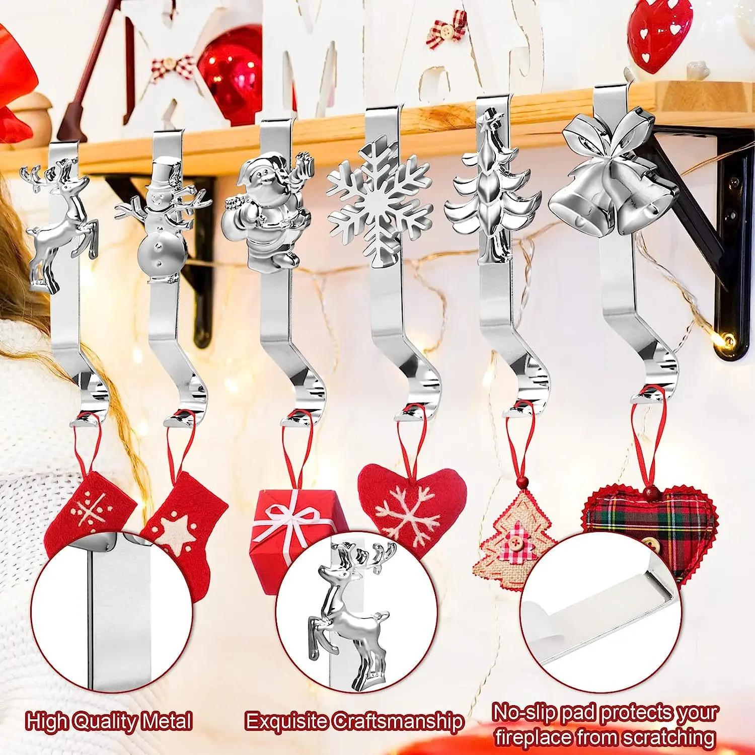 Metal Christmas Stocking Holder Hangers Mantle Fireplace Wall Mounted Hook Set for Holiday Decor Festive Decoration Supply