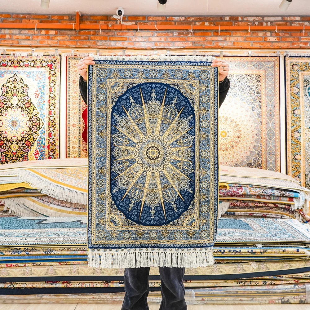 

Турецкий ковер Хереке 61x91 см, маленький, ручной работы, синий, шелковый, восточный