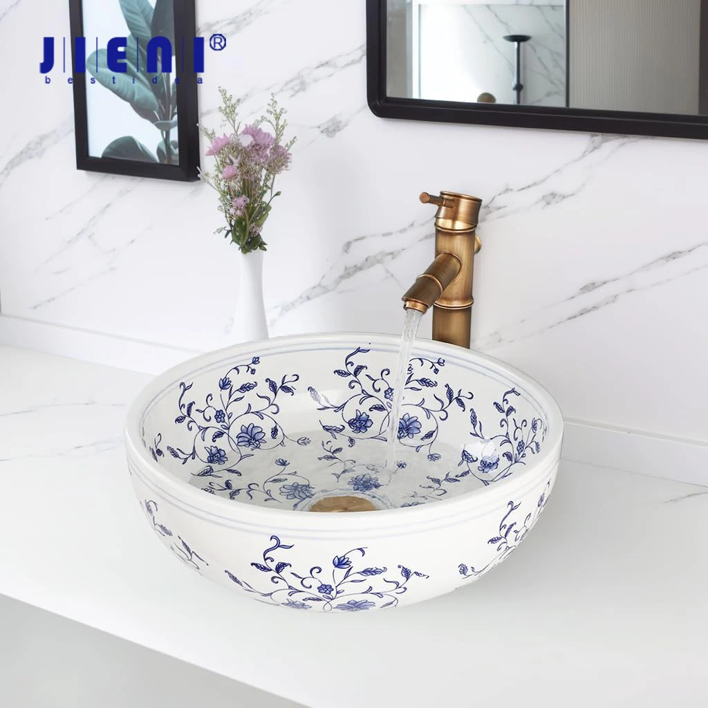 

JIENI Blue And White Porcelain Basin Round Bathroom Sink Faucet Antique Pop Up Drain Combo Chinese Retro Style Washbasin Set