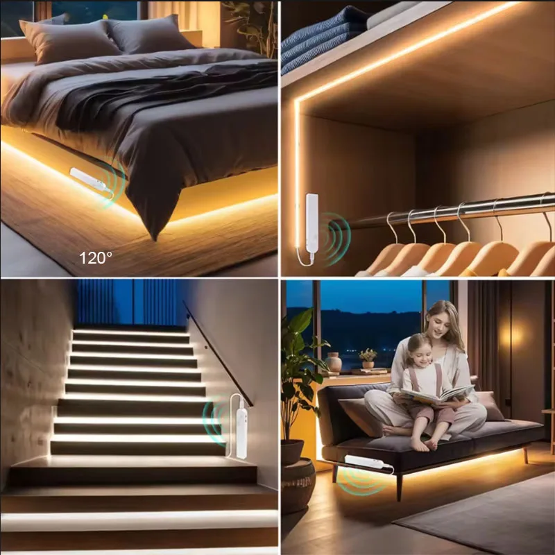 COB LED Strip Light 5V 320LEDs/m PIR Motion Sensor Flexible Self-adhesive Tape Battery Powered for Cabinet Kitchen Lighting
