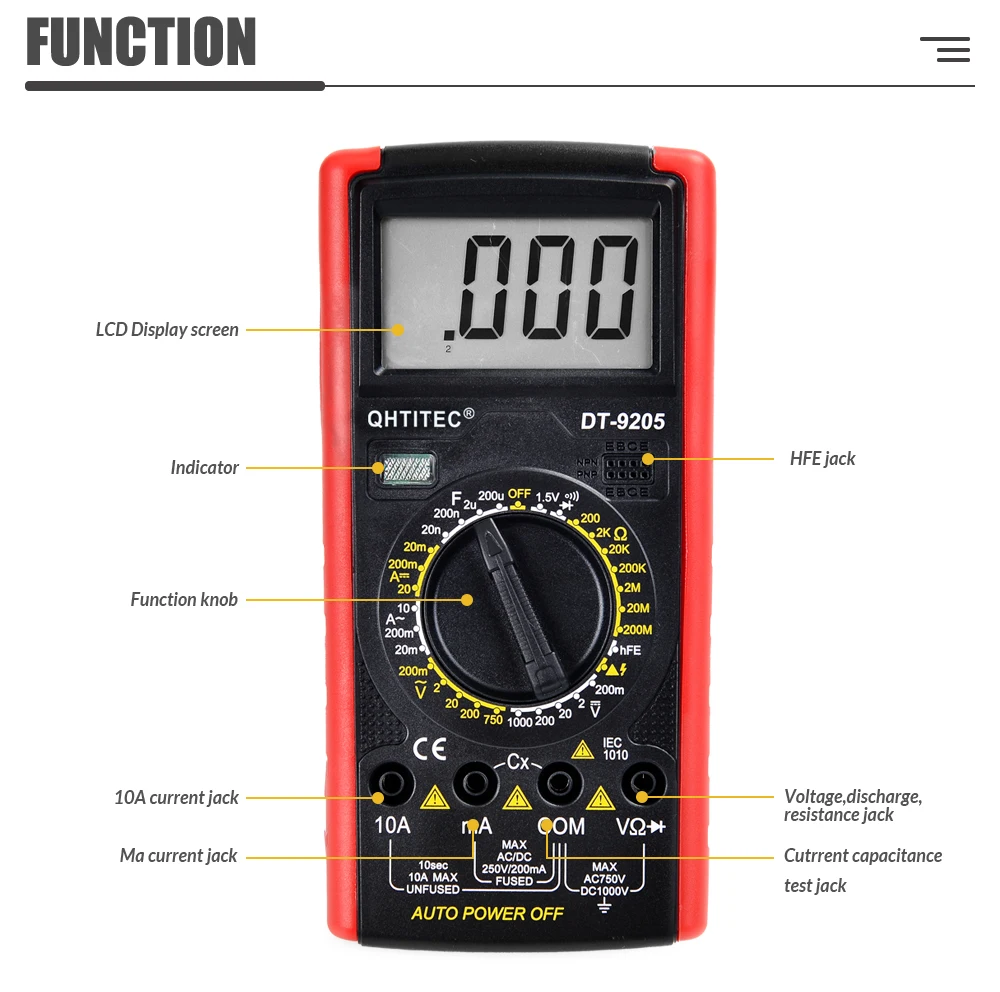 Cyfrowy multimetr AC/DC cyfrowym amperomierzem miernik napięcia omomierz Tester próbnik elektroniczny profesjonalny elektryk narzędzia QHTITEC DT9205