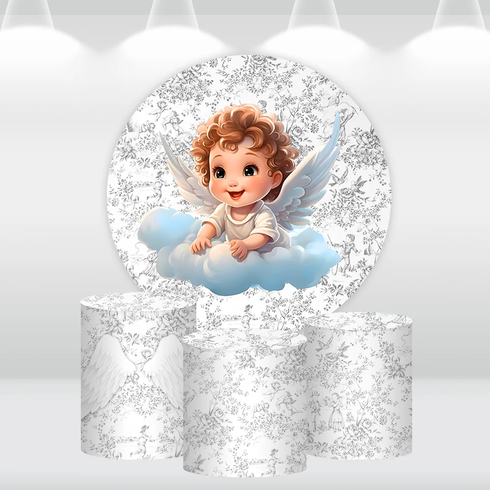 

Baby Angel Baptism Round Backdrop Cover for Kids First Holy Communion Party Circle Background Photography Baby Shower Banner