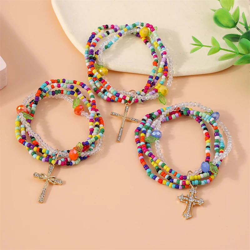 

3Pcs/Set Bohemain Handmade Colorful Beads Bracelets for Women Metal Cross Charms Bracelets Girls Party Festival Jewelry Gifts