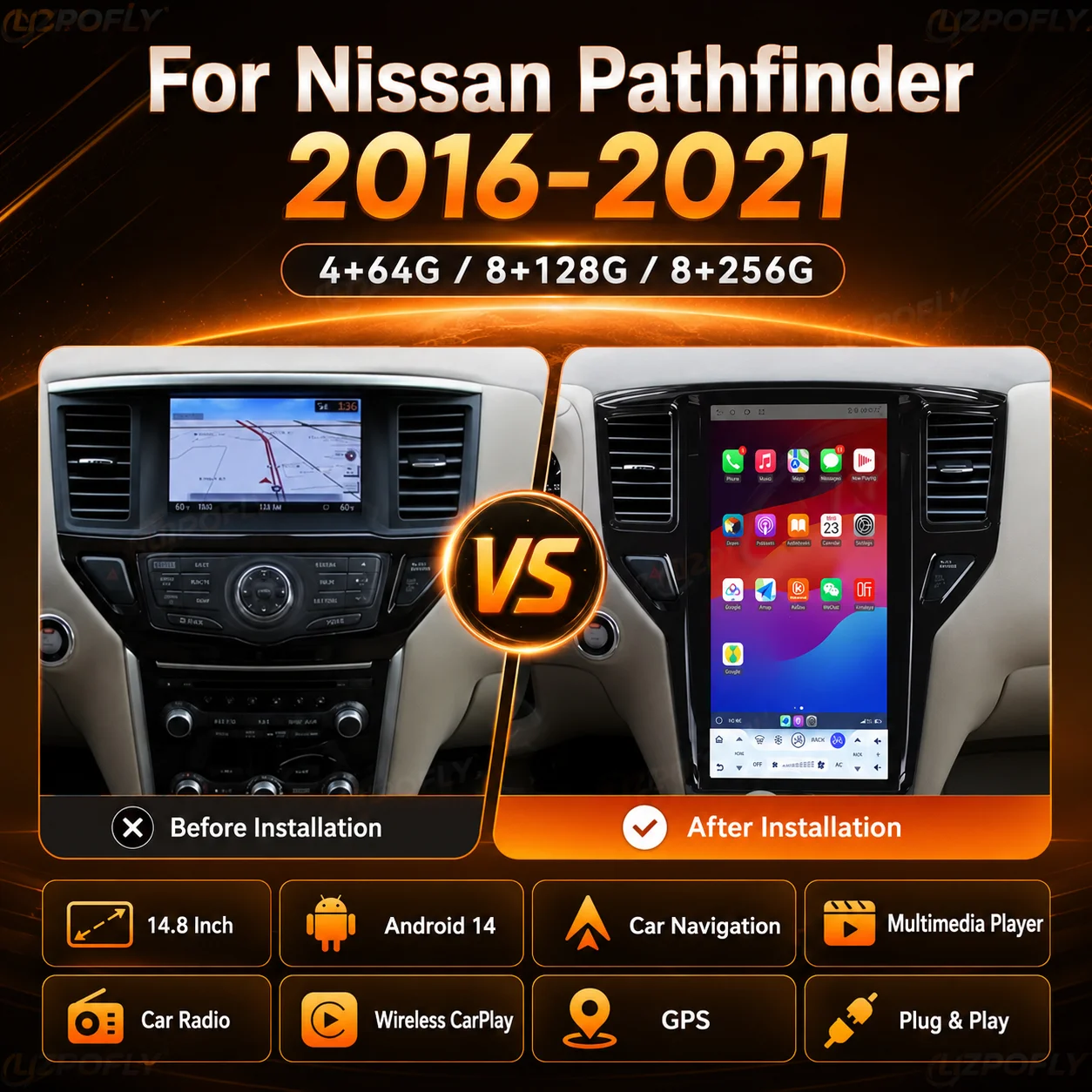 Lizpofly 14.8 Inch Android 14 Screen Car Navigation Head Unit Multimedia Player for Nissan Pathfinder 2016-2021 Auto Car Radio
