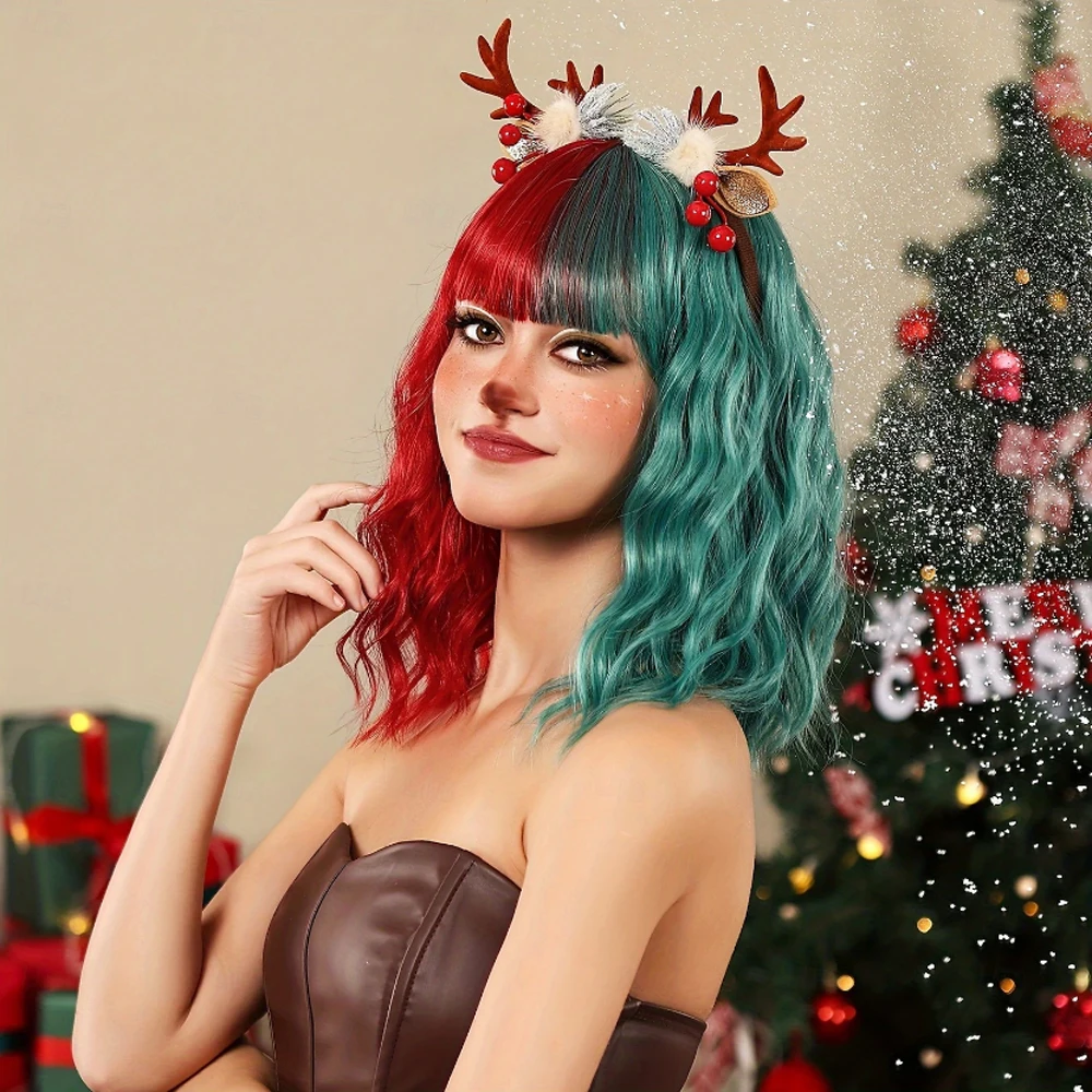 HAIRJOY  HAIRJOY Synthetic Hair Red And Green Bob Short Wig Christmas Dressing Wig Daily Party Dressing Wig for Women(wig only )