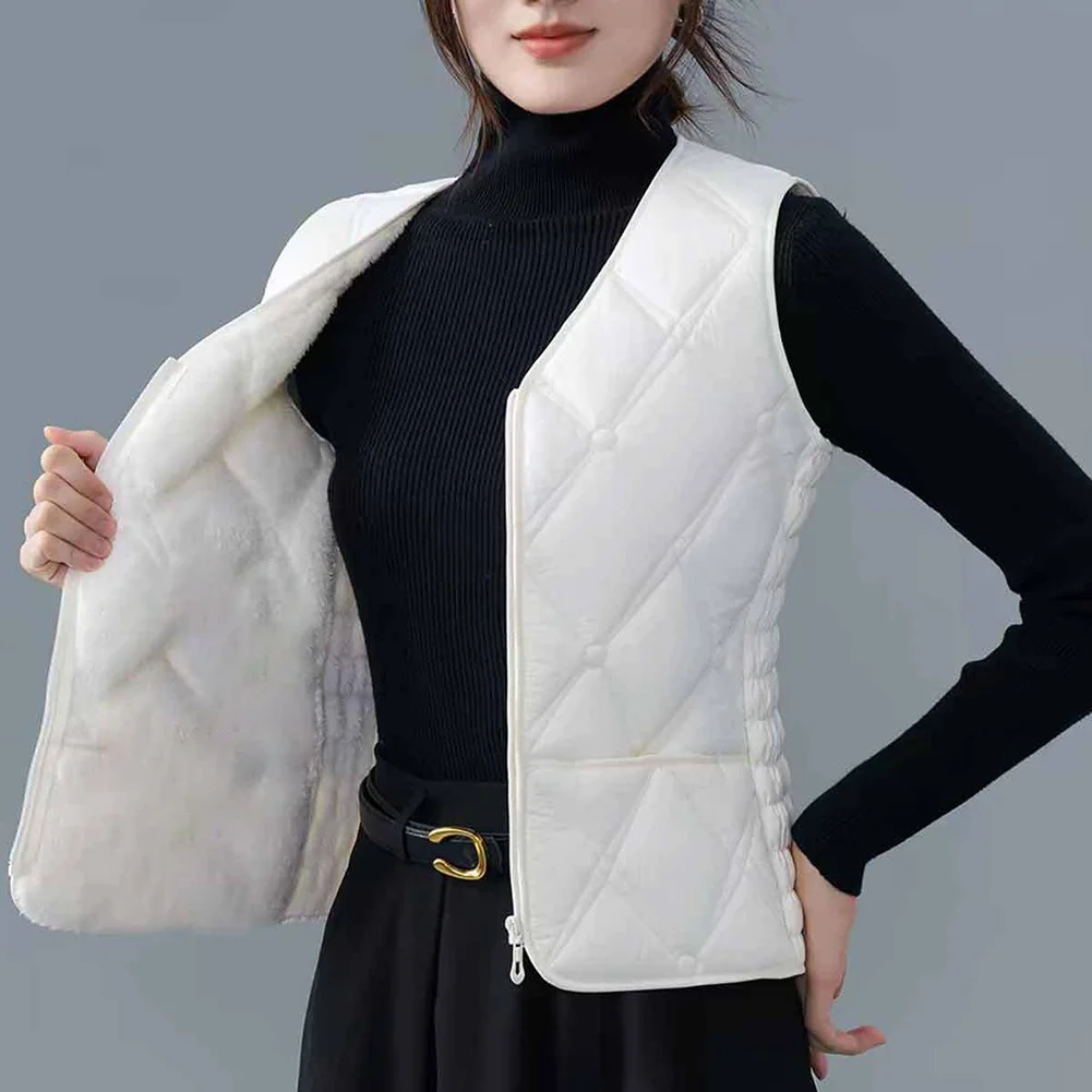 Womens Regular Length Solid Color Zippered Vest Featuring V Neck Design Diamond Pattern and Soft Fleece Interior