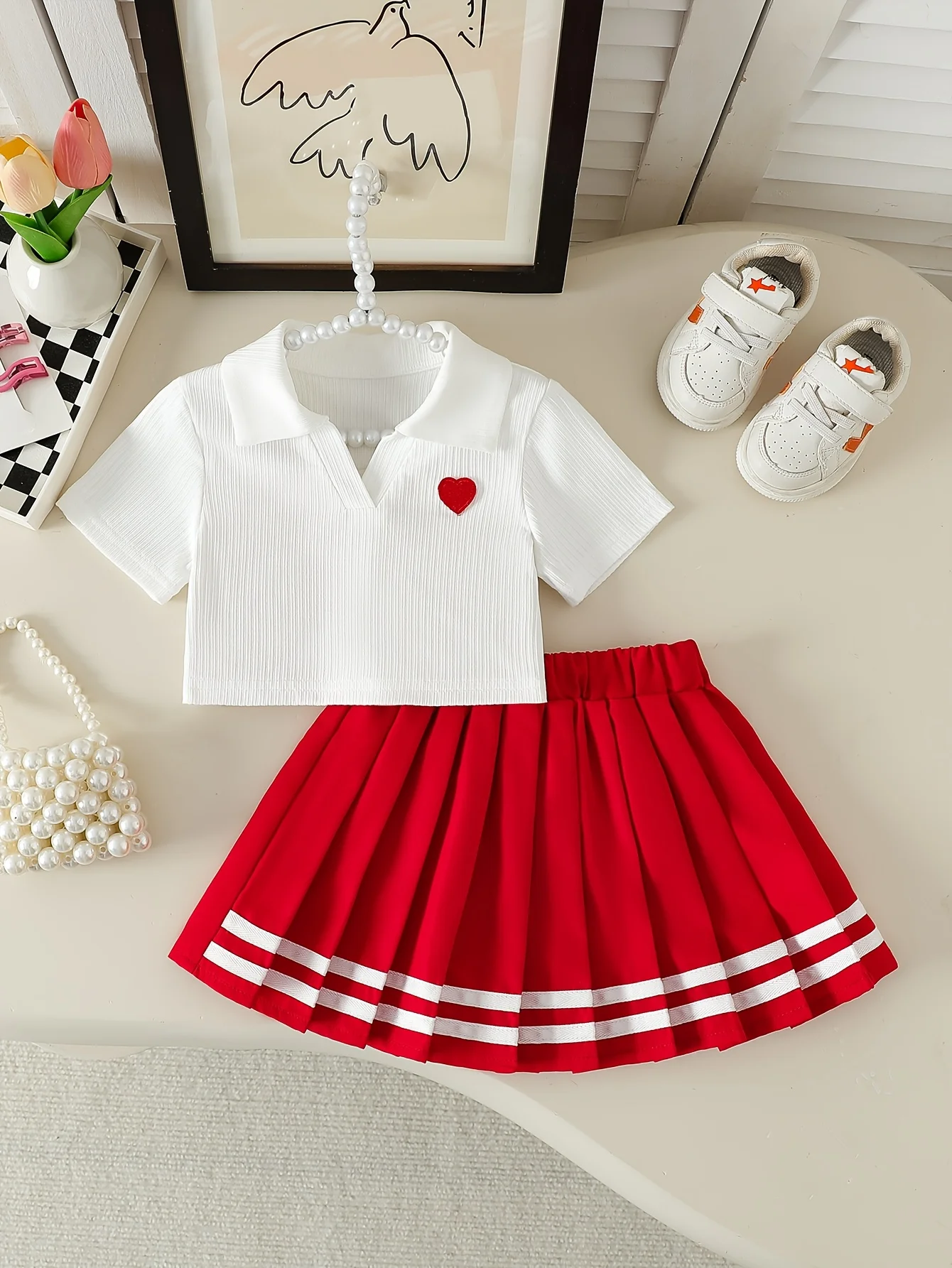 

Girls' clothing: Polo Shirt with Heart Decoration+Pleated Skirt | Valentine's Day Gift / Baby Birthday Gift