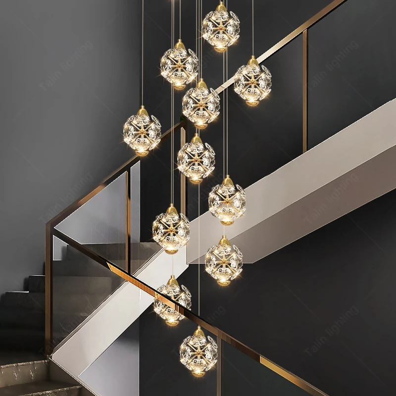 

Custom Stainless Steel Staircase Deco Pendant Light Hotel Living Room luxury Modern Crystal chandelier ceiling light