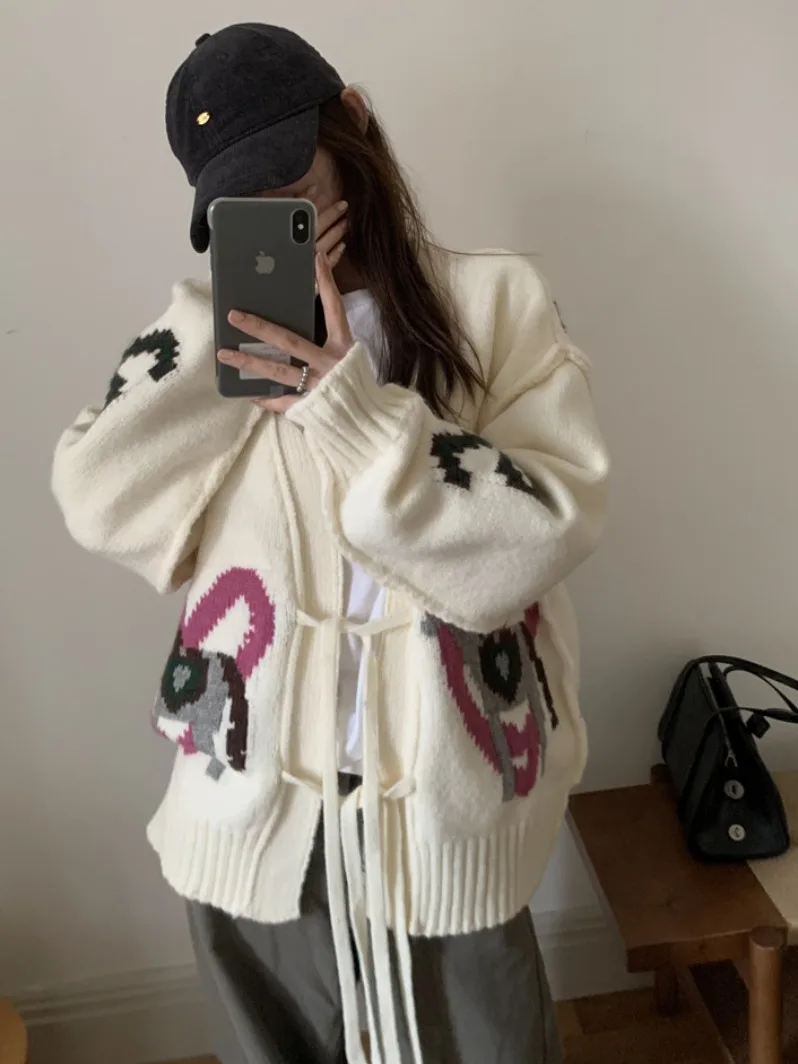 Retro Farbe Blo Strickjacke Mantel frauen Herbst Winter Neue Faul Sle Lose Vielseitig Pullover Mit Gürtel Offenen Sle