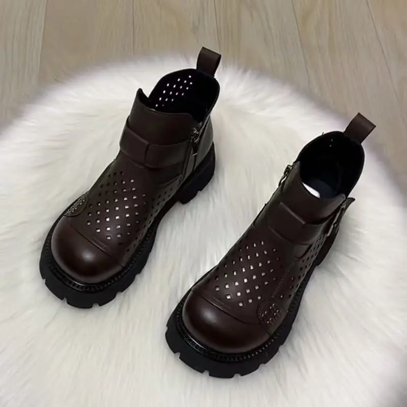 

2025 Hot Seller Spring/Summer Soft Leather Breathable Short Boot Fashion Versatile Hollow Retro Cool Boots Shoes for Women