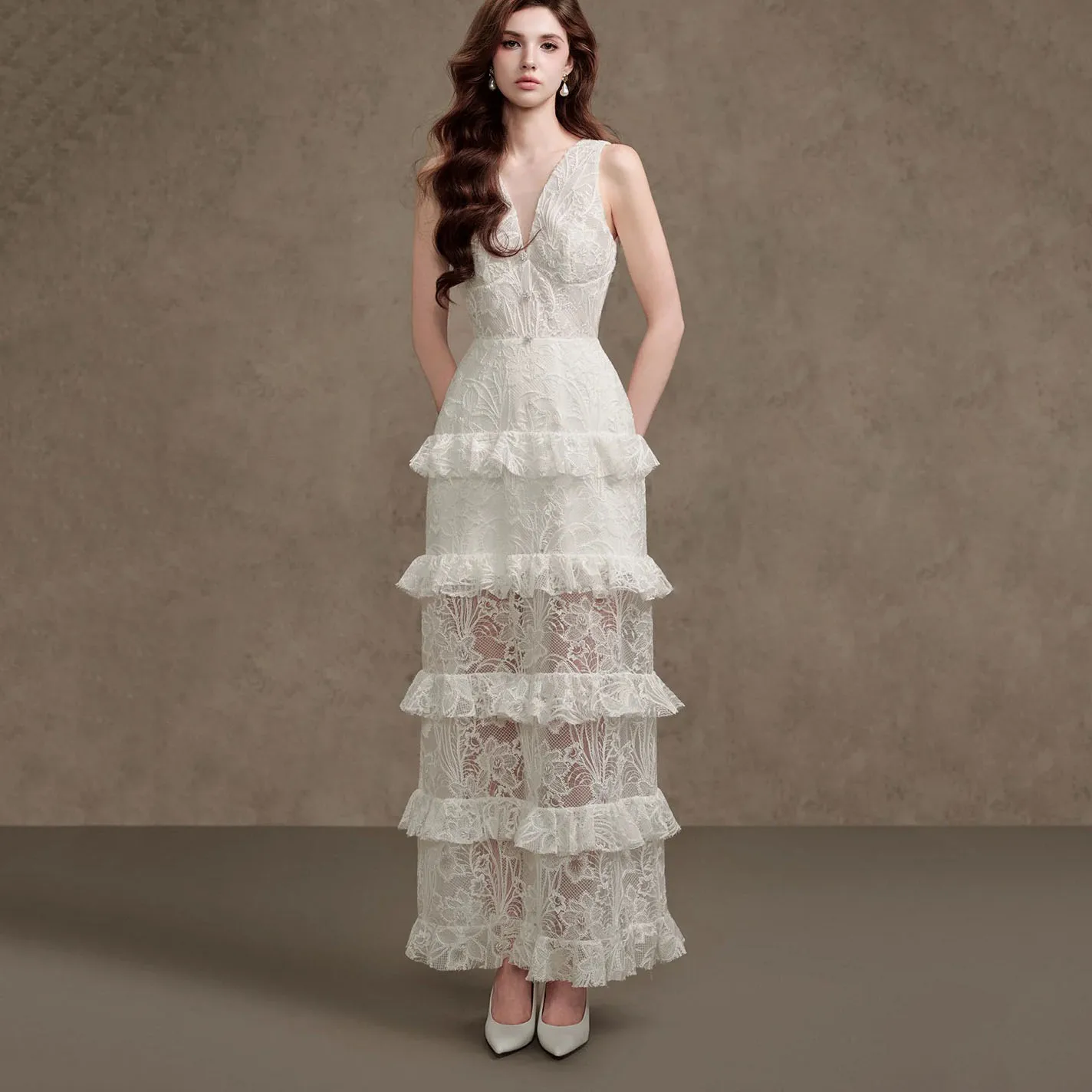 Lace Customized Wedding Dresses Sheath Ruffle Layer Bridal Gowns V-Neck Bride Robe Illusion Gorgeous Vestido De Novia