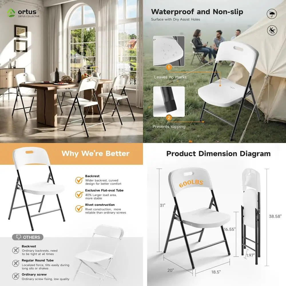 Heavy-Duty Stackable Plastic Chairs, 600lbs Capacity, Suitable for Indoor/Outdoor Use, Office, Kitchen, Party, Patio (White, 4-P