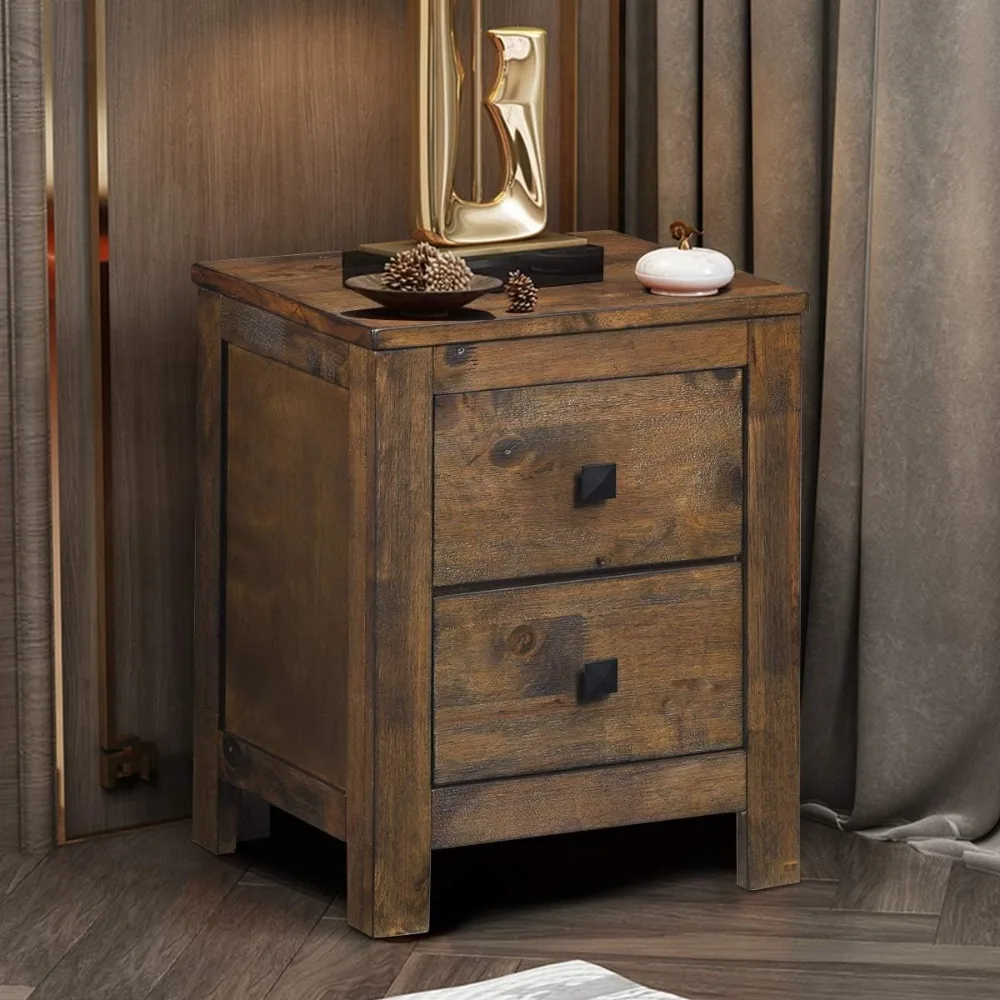 bedside table with drawer 2-piece set, fully assembled 2-drawer bedside table with delicate bedroom handles, walnut