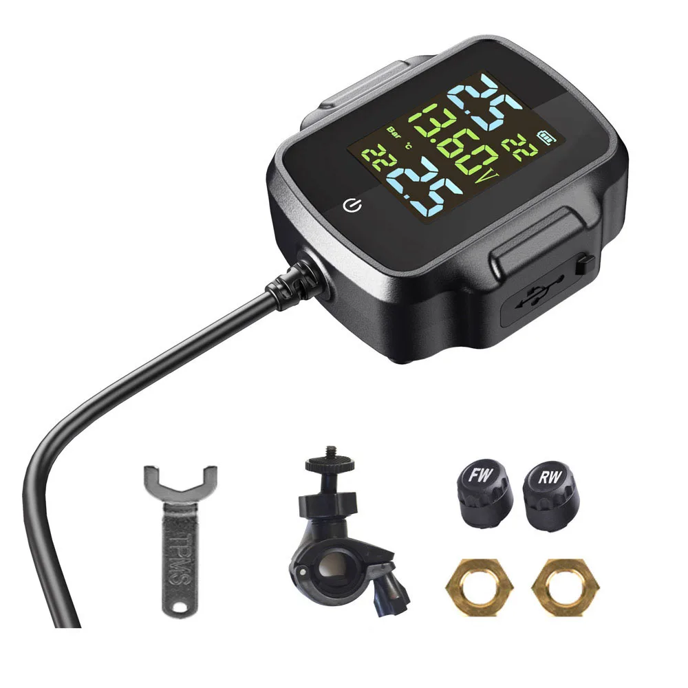 Tire Pressure Detector Motorcycle Tire Pressure Monitor Monitoring System with 2 Waterproof External Sensors Support USB Output