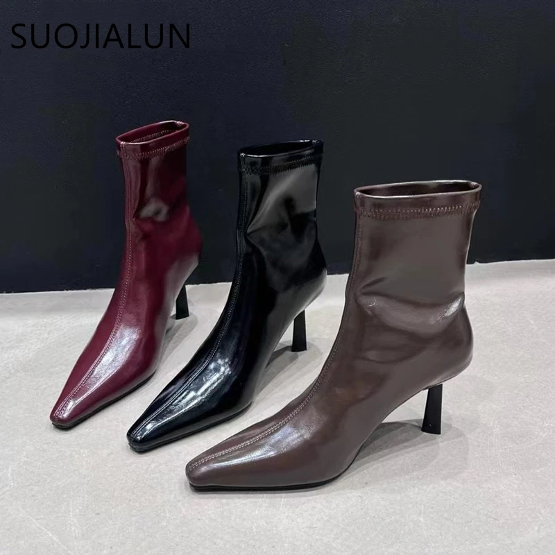 SUOJIALUN 2024 Autumn Women Ankle Boots Fashion Pointed Toe Ladies Eelgant Short Boots Thin High Heel Outdoor Dress Pumps Shoes