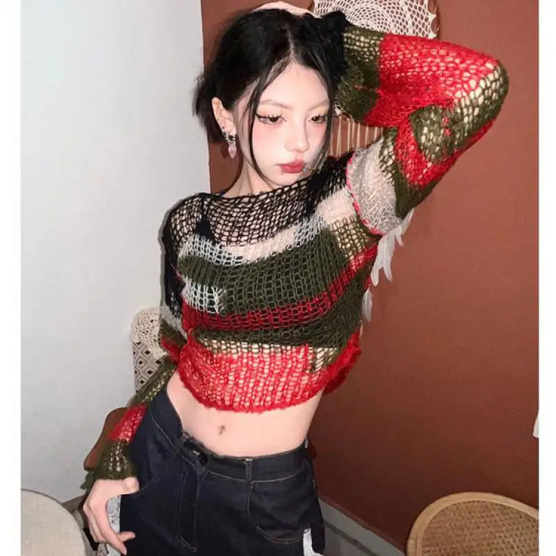 Genayooa American Retro Hollow Out  Knitted Pullover Tops Long Sleeve Spring 2023 Sweater Women Backless Ladies Jumpers Chic Y2k