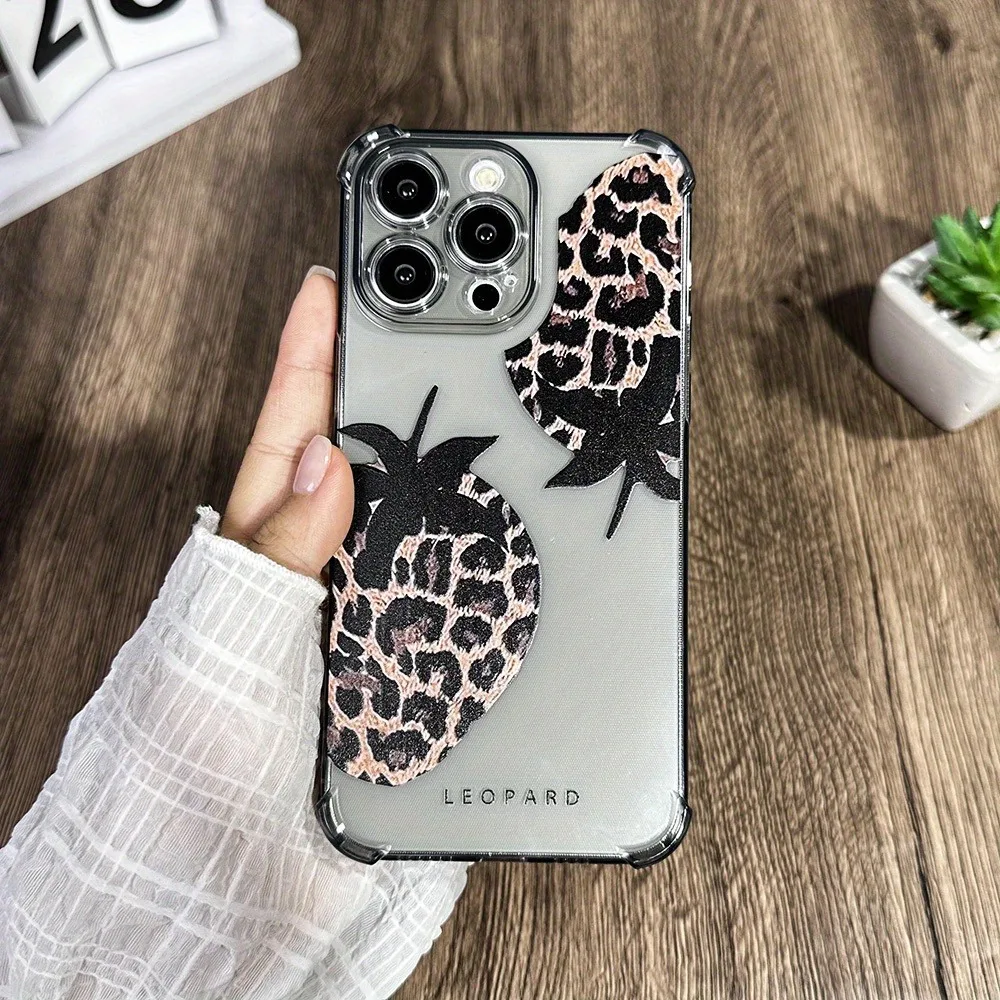 Simple leopard print strawberry mobile phone case, suitable for i iPhone16\ 16Pro\ 16ProMax\ 15\ 14\ 13\ 12\ 11 series