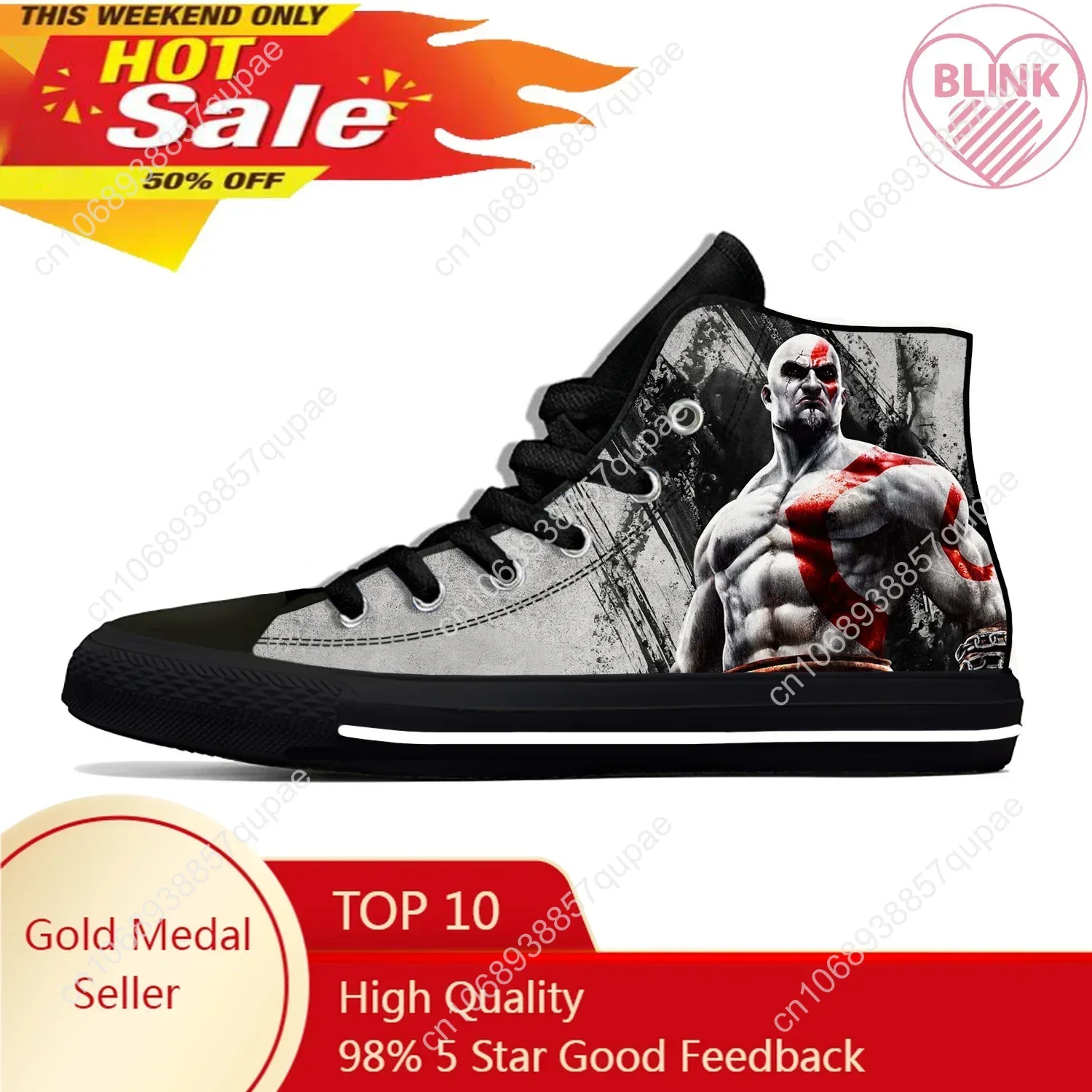 

Anime Cartoon God of War Kratos Game Cool Fashion Casual Cloth Shoes High Top Lightweight Breathable 3D Print Men Women Sneakers