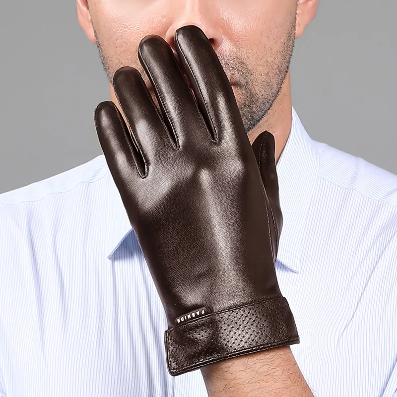 

Перчатки из натуральной кожи, мужские зимние перчатки с сенсорным экраном, термоплюшевая подкладка, мужские перчатки из овчины для вождения, противоветровые YSM0023