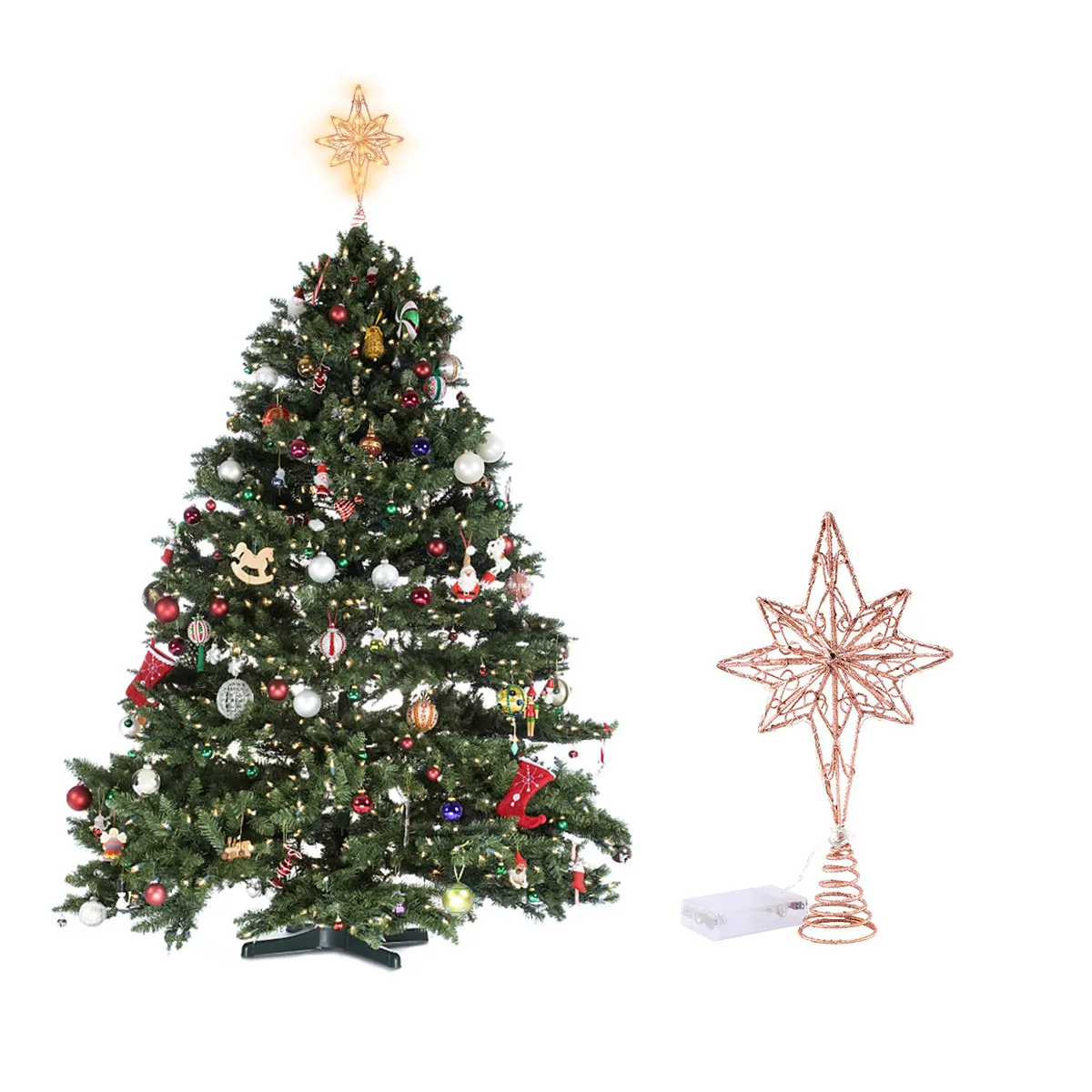 美しい輝きを放つ八芒星のクリスマスツリートッパー。金属製の星型オーナメントで、お祭りやパーティー、ご自宅の装飾に最適です。