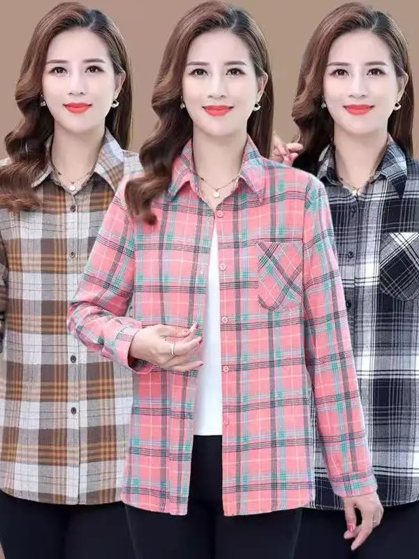 

Весенне-летняя клетчатая хлопковая верхняя одежда с отложным воротником для женщин среднего возраста, модная блузка из чистого хлопка большого размера