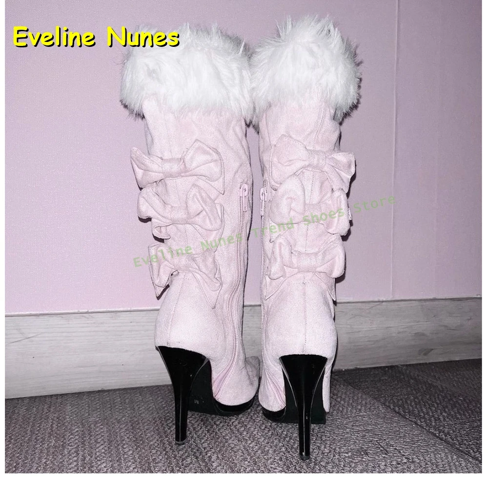 

Pink Bowknot Fur Knee High Boots Pointed Toe Thin Heels Solid Patchwork Side Zip Women Winter Shoes 2025 Sweet Girl New Arrivals