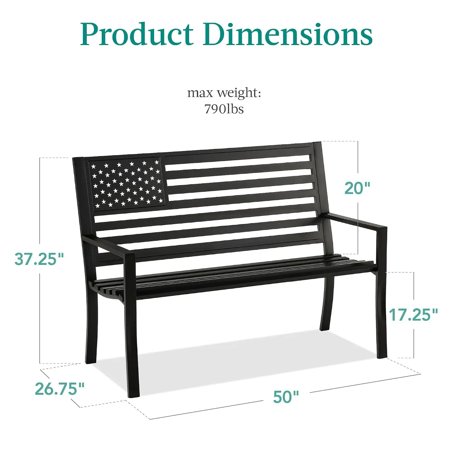 Outdoor Bench 2-Person Steel Indoor/Outdoor Bench for Garden, Patio, Porch, Entryway w/American Flag, 790lb, Customized