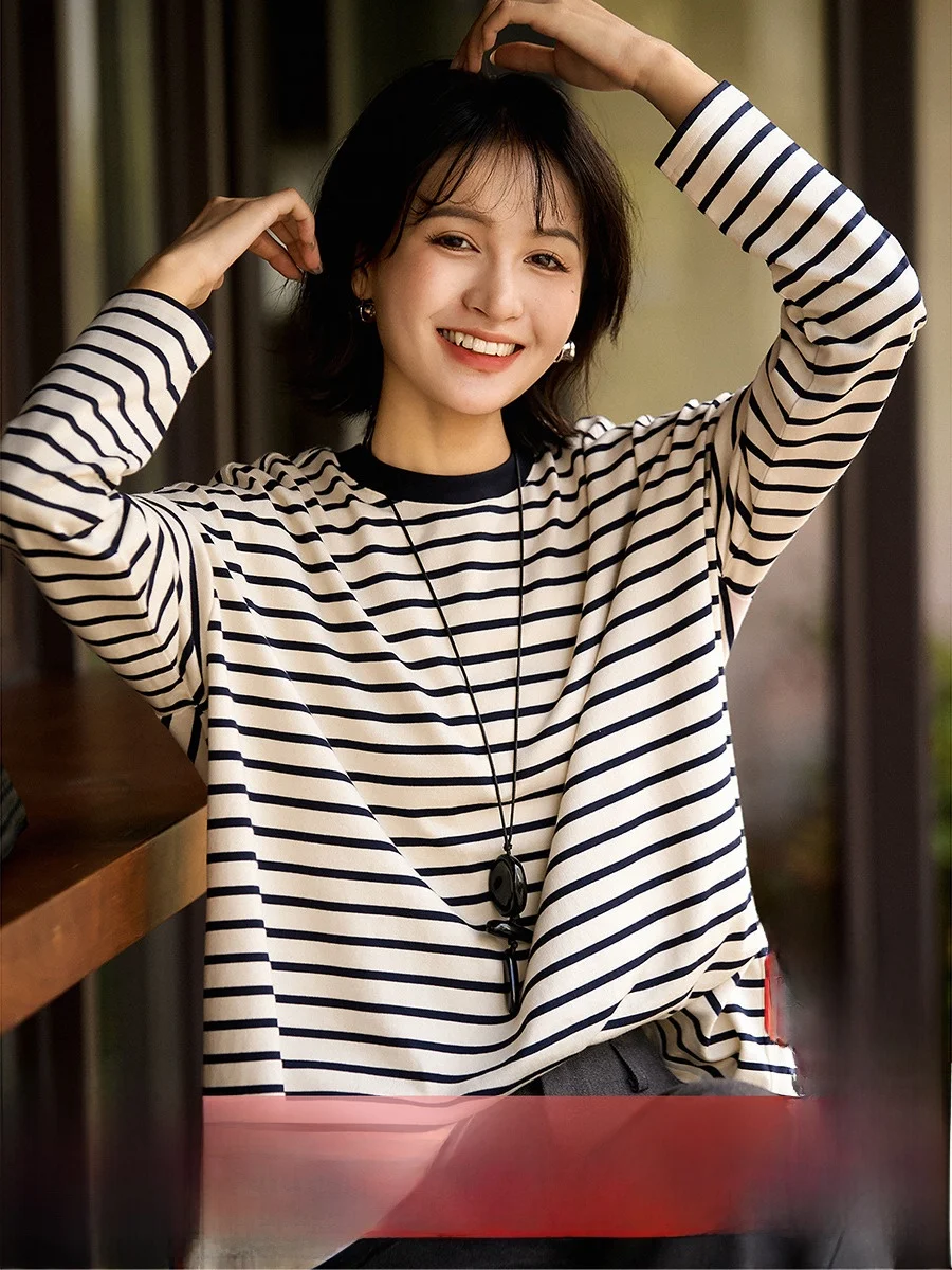 

Xhange Повседневная удобная футболка Long Sve round Ne Faionable Inner and Outer Wear ey Apricot Blue Color Blo Strip...