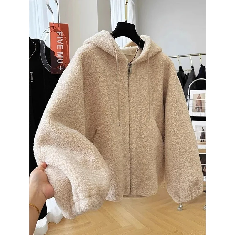 Fluffy Lamb Fur Hooded Zipper Warm Versatile Loose Women's Jaet Korean Sle Commute Thiened Long Sve Regular Length