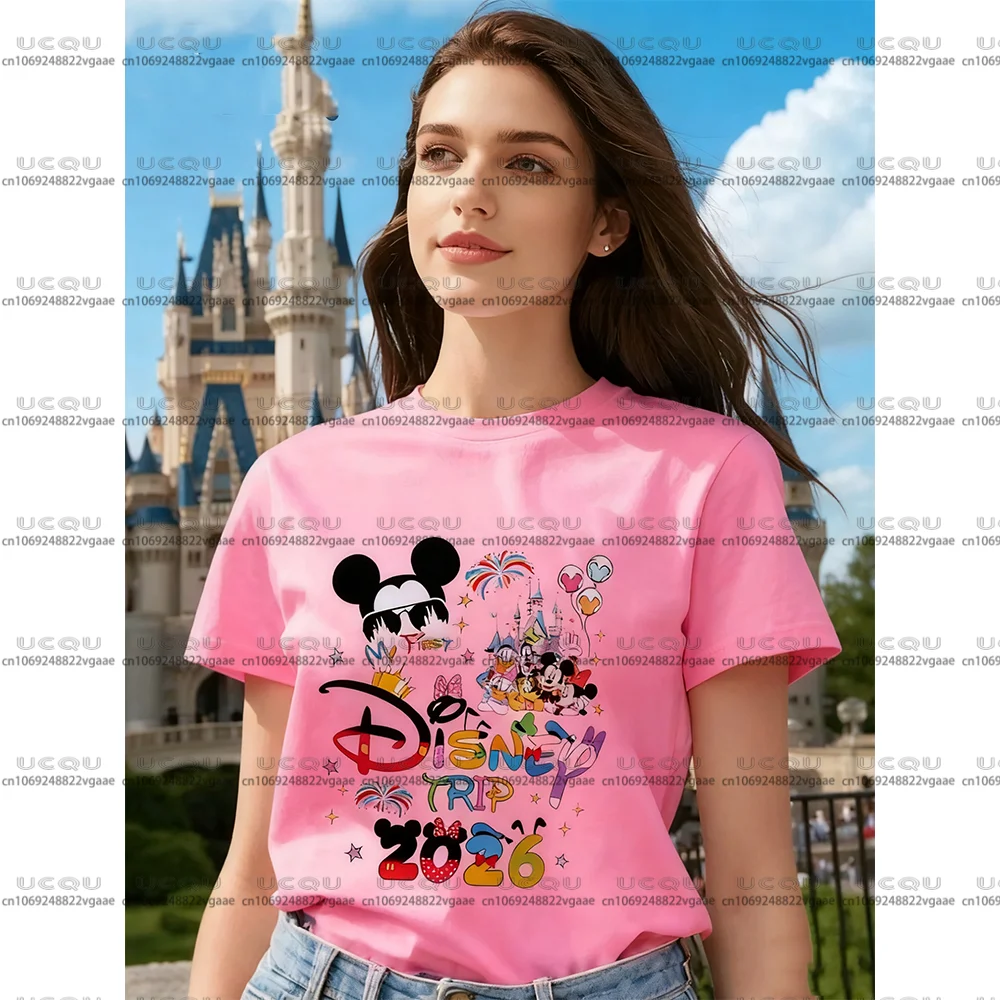 ديزني Y2k ملابس النساء الأسرة عطلة هدية زوجين ديزني لاند الفتيات تي شيرت المحملة 2026 القطن ميكي السنة الجديدة عيد الميلاد رحلة علوية #3
