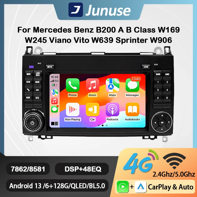 Junuse 4G QLED Android 13 Car Radio Wireless CarPlay Auto Navigation Head Unit 2din For Mercedes Sprinter Benz B200