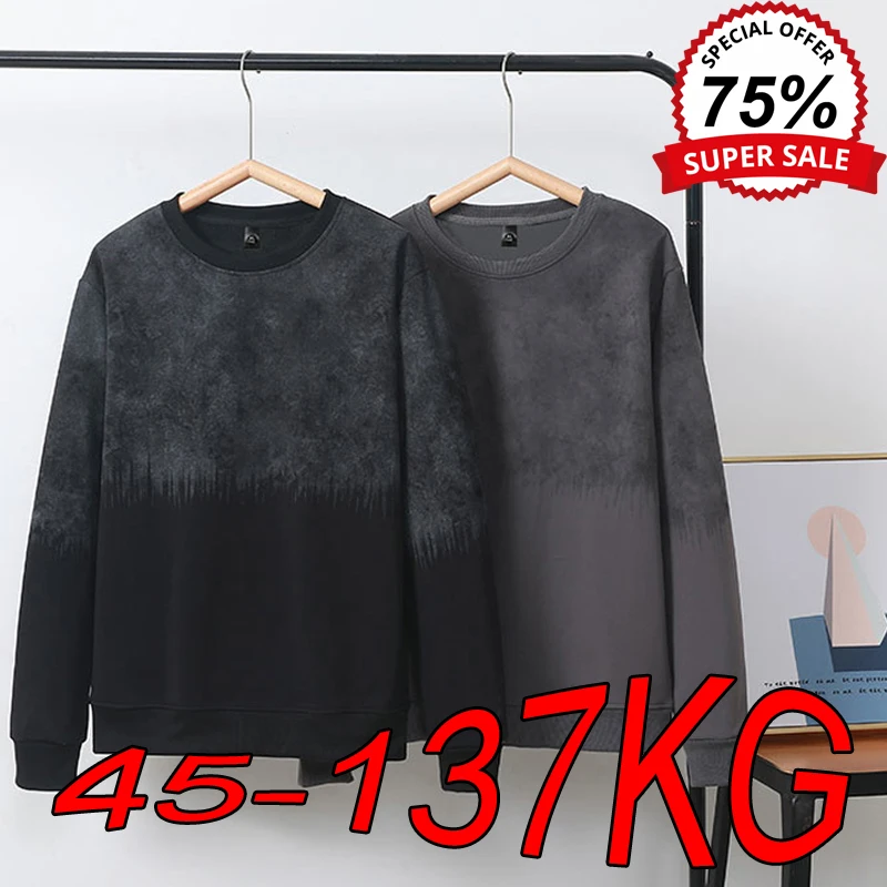 Plus Size Men's Sweatshirts 6XL 7XL 8XL Autumn New Trend Fashion Gradient Tops Lagre Size Round Neck Black Dark Gray Pullover