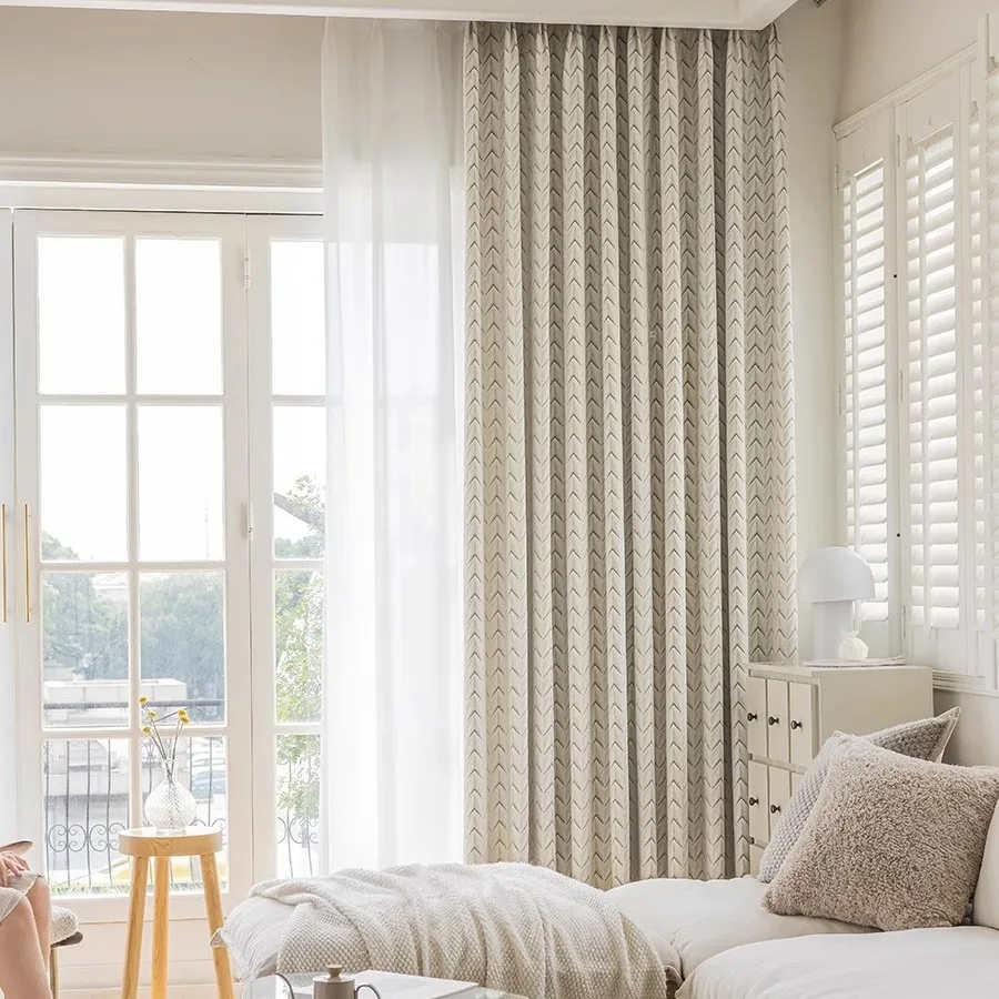 

Light Luxury Chenille Jacquard Curtains Finished Blackout Cream Color Living Room Floor-to-ceiling Windows Bedroom Bay Windows