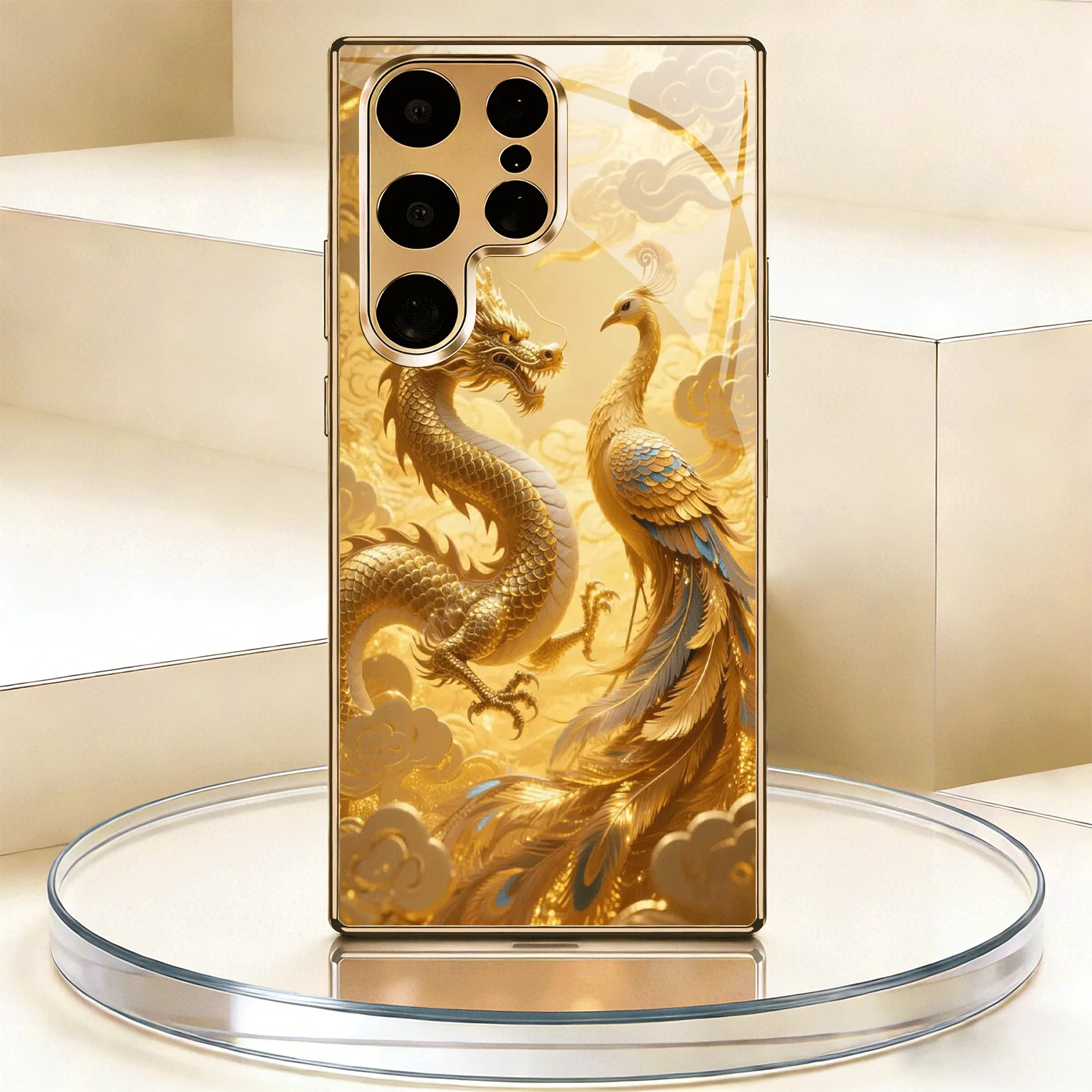 Jinlong and the divine bird gaze at each other in the clouds. Electroplated gold is suitable for Samsung Galaxy S21/22/23/24