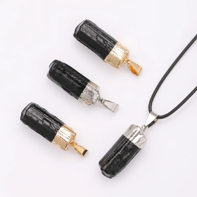 Black Tourmaline Stone Irregular Crystal Cylinder Pendant Gold Plated Wrapped Edge Charms DIY Jewelry Making