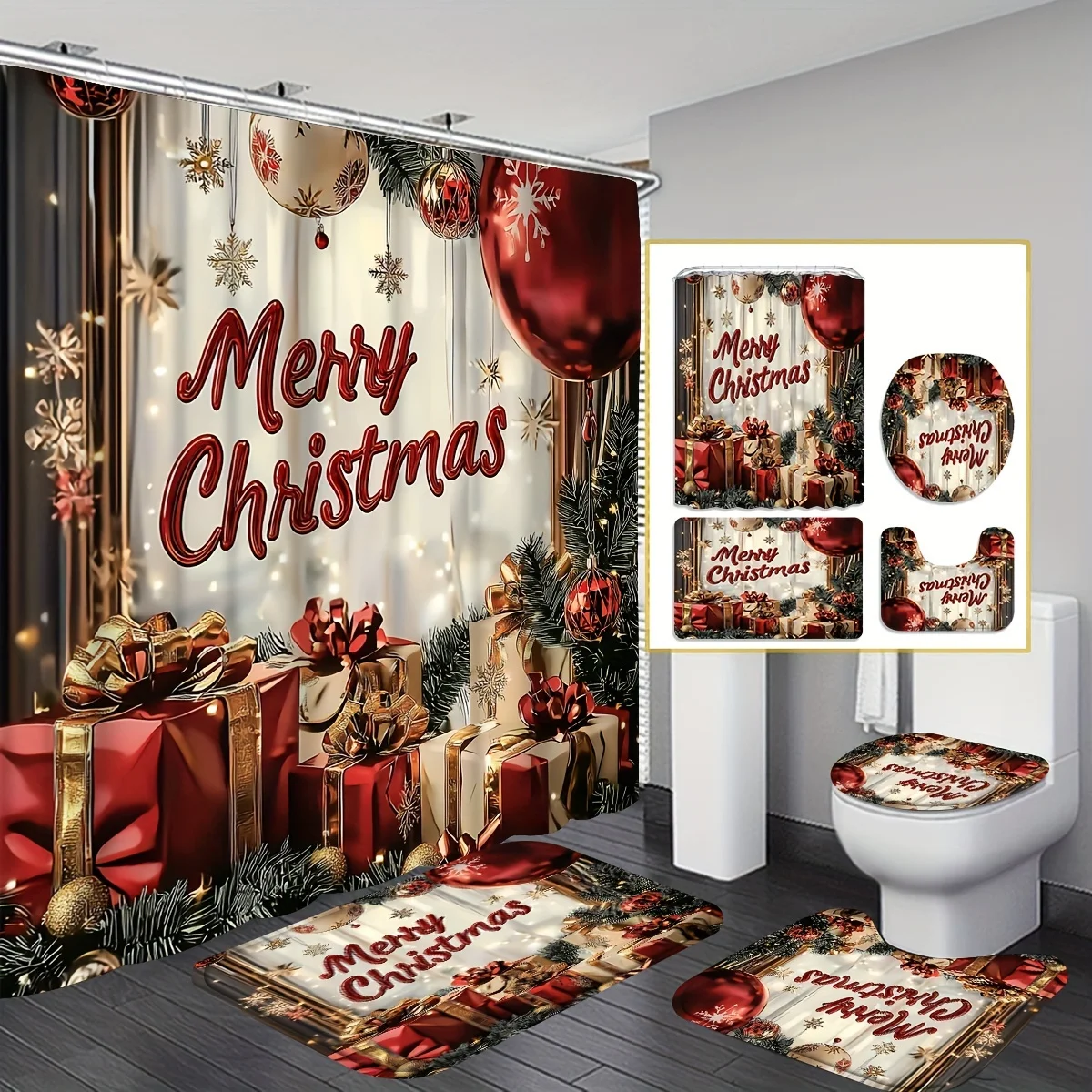

4Pcs Winter Elements Shower Curtain Set, with Hook and U-Shaped Toilet Seat Cover, Bathroom Accessories, Christmas Decoration