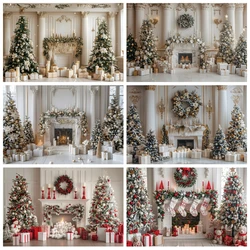 White Christmas Backdrop Fireplace Xmas Tree Gifts Wreath Interior Scene Family Party Baby Portrait Photography Background Decor