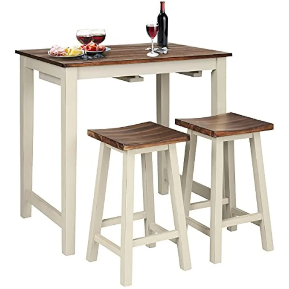 

FFlyer Bar Table Set, 3 Piece Counter Height Breakfast Table with 2 Saddle Bar Stools, Pub Dining Table Set for Living Room, Kit