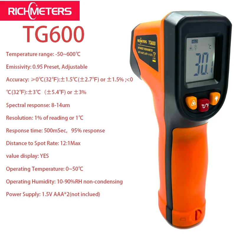 

Бесконтактный цифровой инфракрасный термометр RICHMETERS TG600, 50 ~ 600 ℃