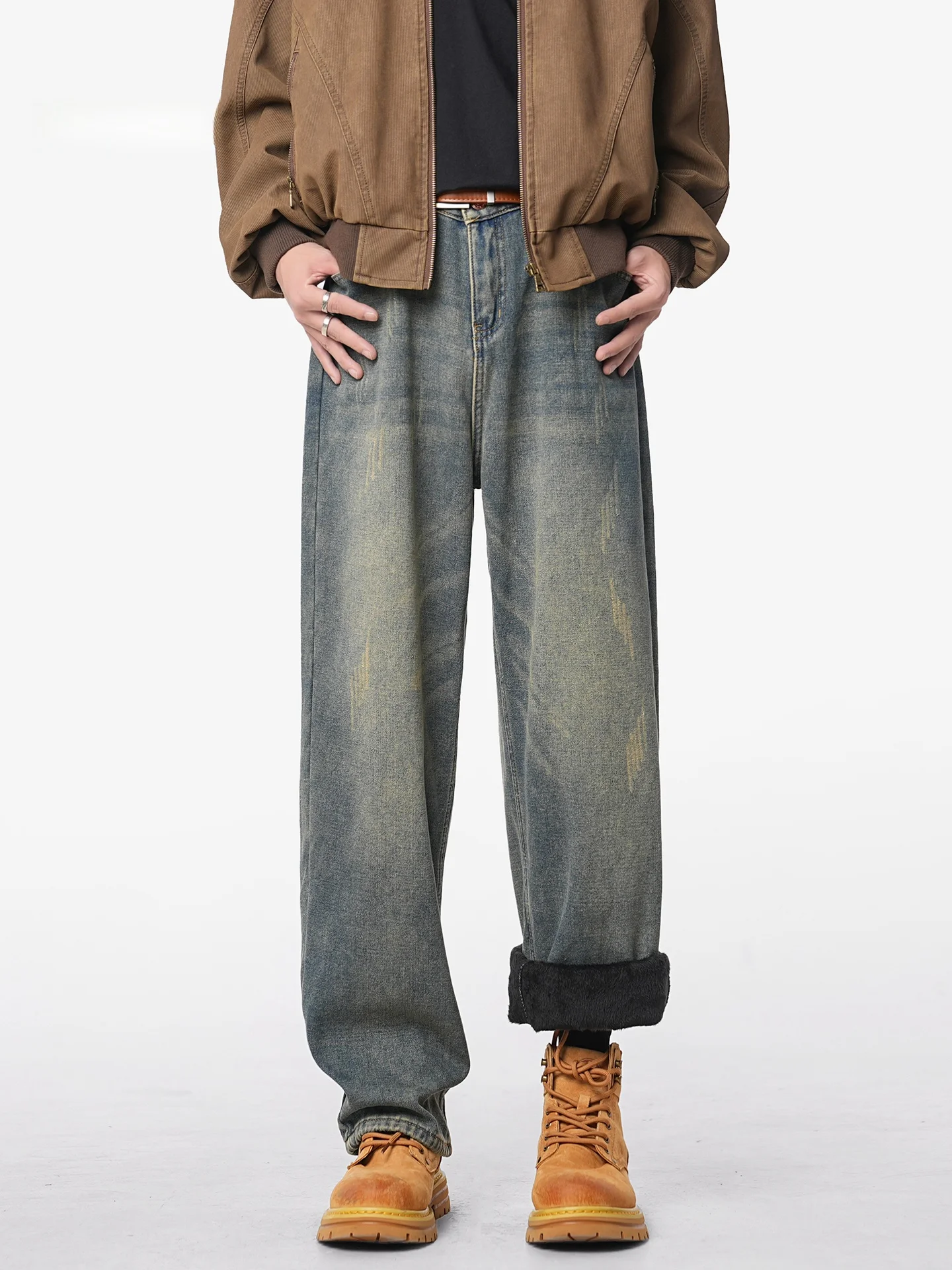 

American Retro Thiened Fce Waed Straight Leg Jeans Autumn Winter Trendy High Street Loose Long Pants Casual Cotton Blend