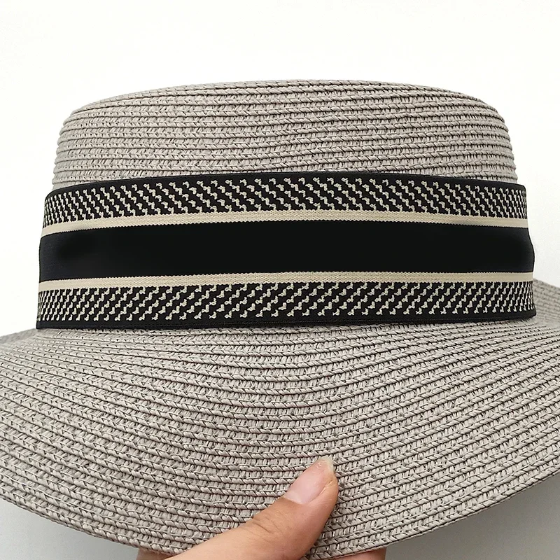 Trend Fashion Retro Summer Flat Top Wide Brim Woven Straw Hat for Women Holiday Beach Sunscreen Ribbon Top Hat Ladies Straw Hat