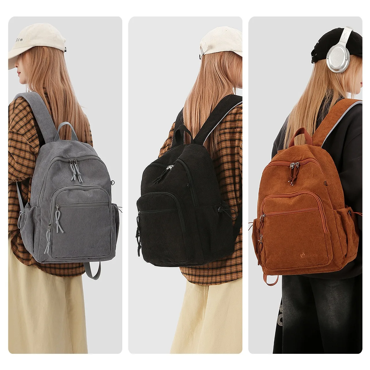 Striped corduroy student schoolbag, plain color, men's travel computer backpack, women's large capacity, wear-resistant backpack