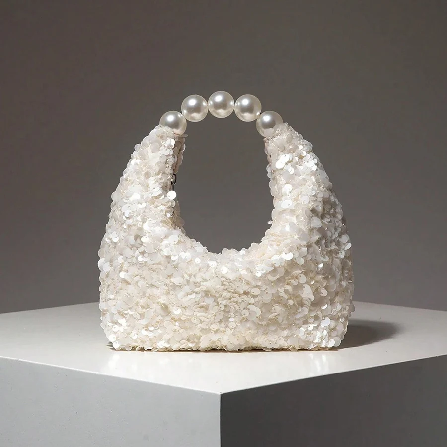 New Style Bead-Handle Hobo Handbag Fashion Shiny Sequins Evening Bag Single Shoulder Underarm Bag Clutch Purse White Wedding Sac