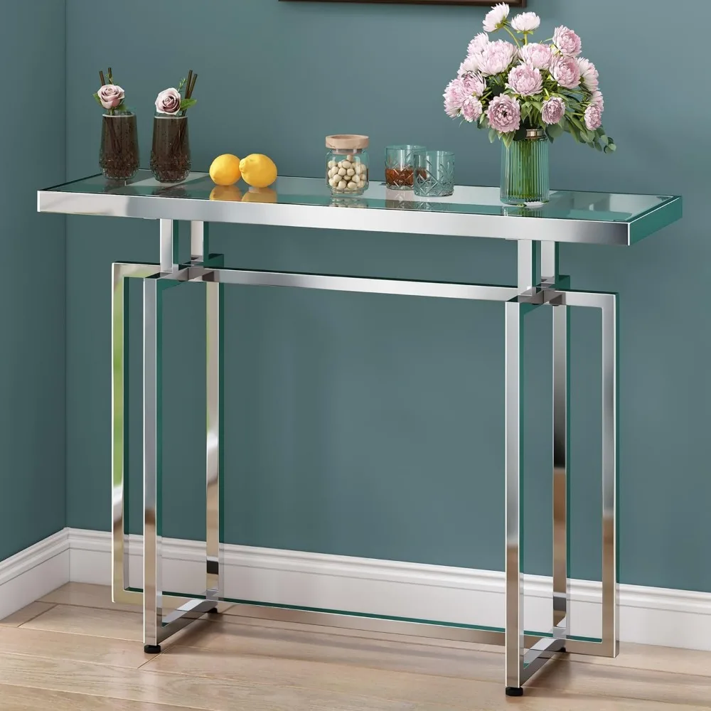 ASYA Glass Console Table for Entryway, Modern Entryway Table with Tempered Glass & Chrome Frame, Silver Sofa Table for Living Ro