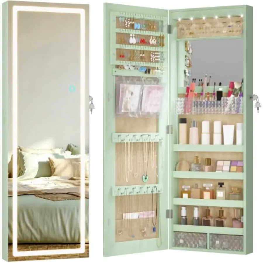 Wall Mounted Jewelry Organizer with LED Mirror